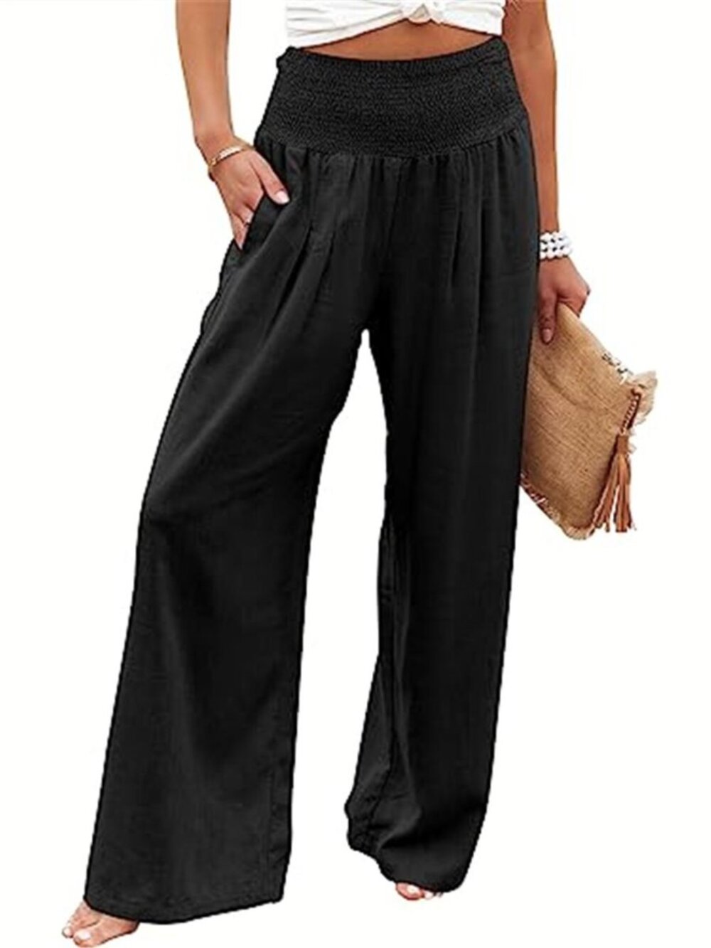 Womens Linen Wide Leg Pants Smocked High Waist Lounge Beach Cover Up Pockets